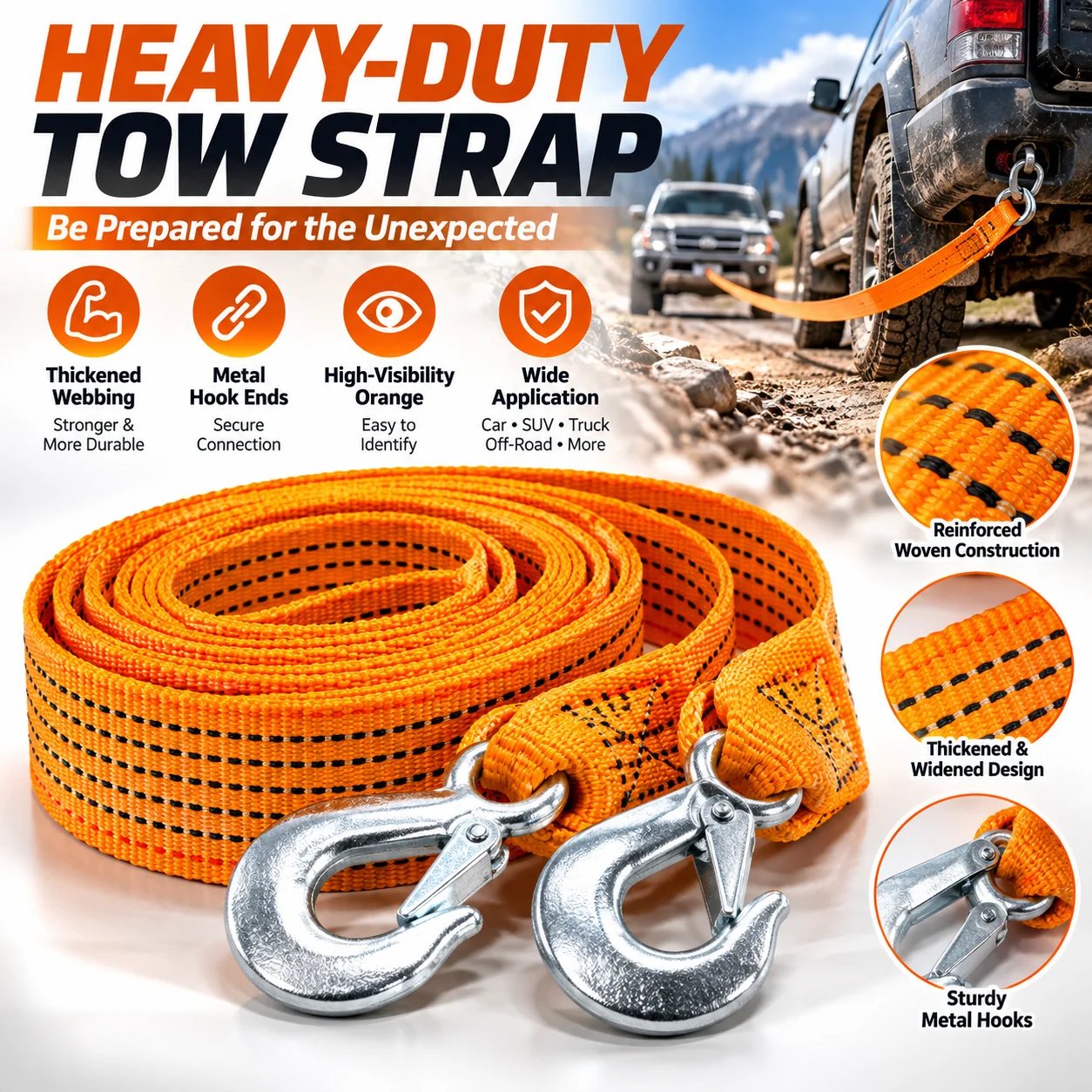 Heavy-duty towing strap with hooks