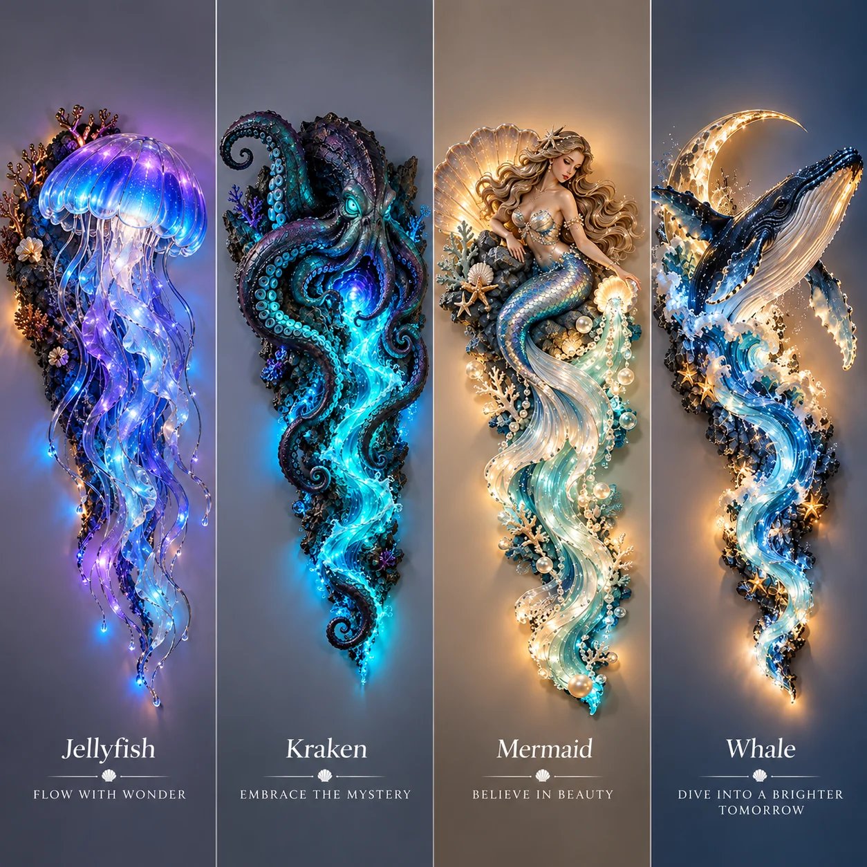 Comparison of the four ocean wall decor designs: jellyfish, kraken, mermaid and whale