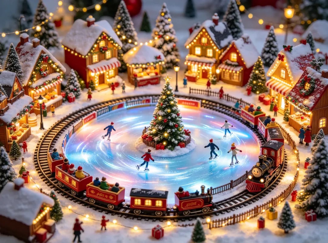 Detailed animated Christmas village with train and ice rink
