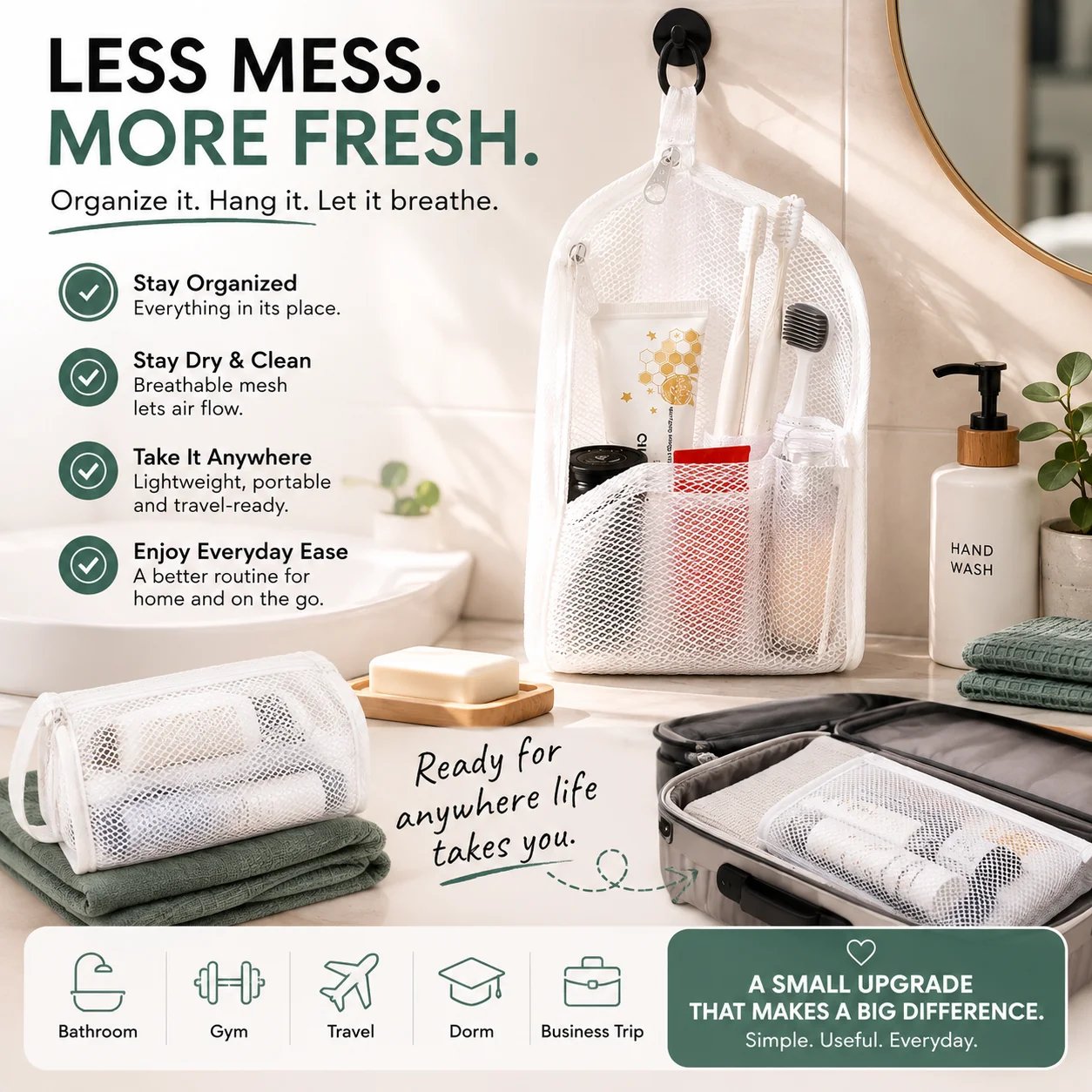 Hanging mesh toiletry organizer
