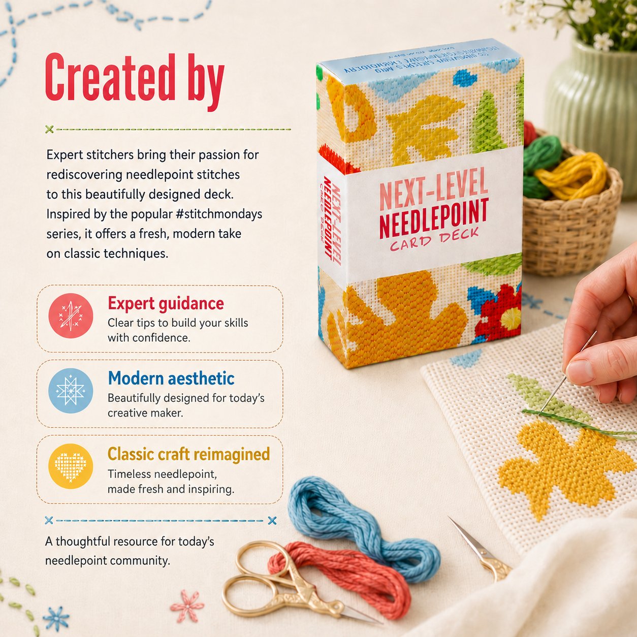 Needlepoint stitch card with diagram instructions and finished stitch example
