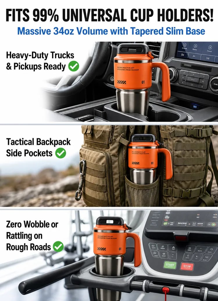 34oz tumbler fits vehicle cup holders backpacks and fitness equipment