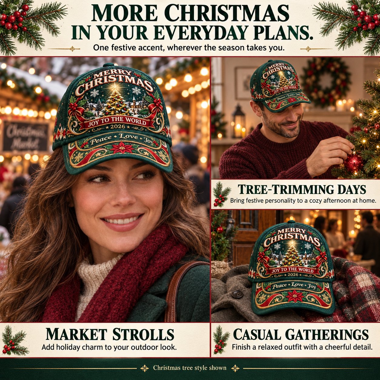 Christmas tree design worn at a market, during tree trimming and at a casual holiday gathering