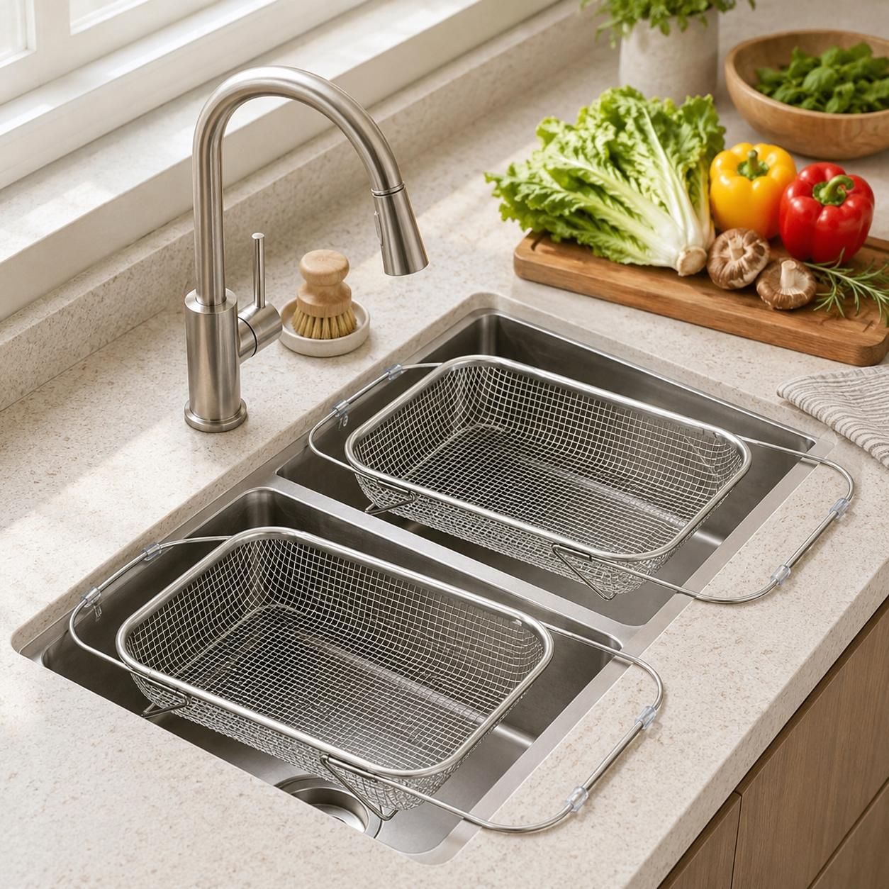 Stainless Steel Over-The-Sink Colander Strainer Basket, Expandable Rectangle Fine Mesh Kitchen Utensils with Handles, Silver Kitchen Essential