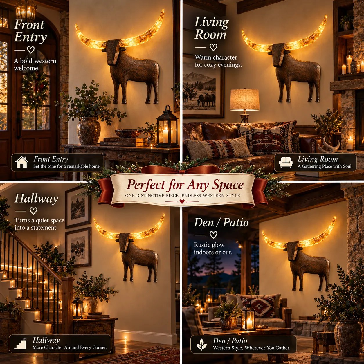 Illuminated Longhorn sculpture as a focal point in Western-inspired home decor