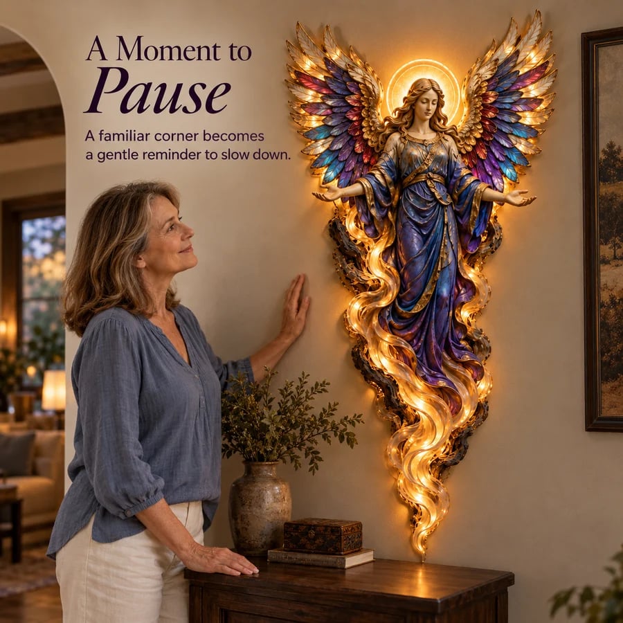 Woman admiring Gabriel angel wall sculpture at home