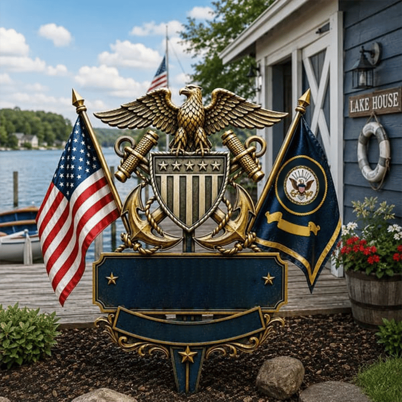 Patriotic US military garden stake collection display