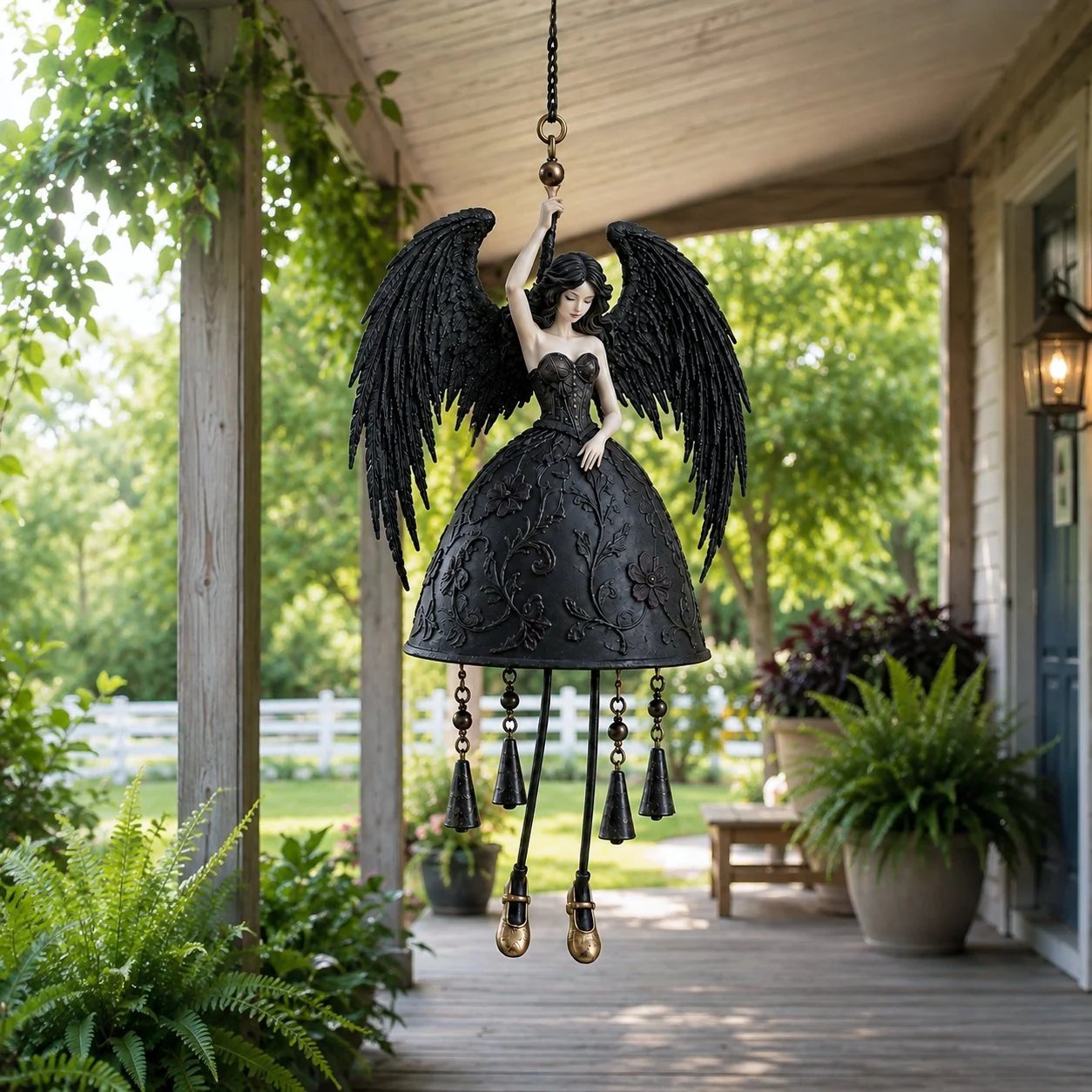 Dark Angel Gothic Wind Chime styled on a covered porch