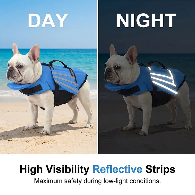 Reflective trim on angel wing dog life jacket for improved visibility