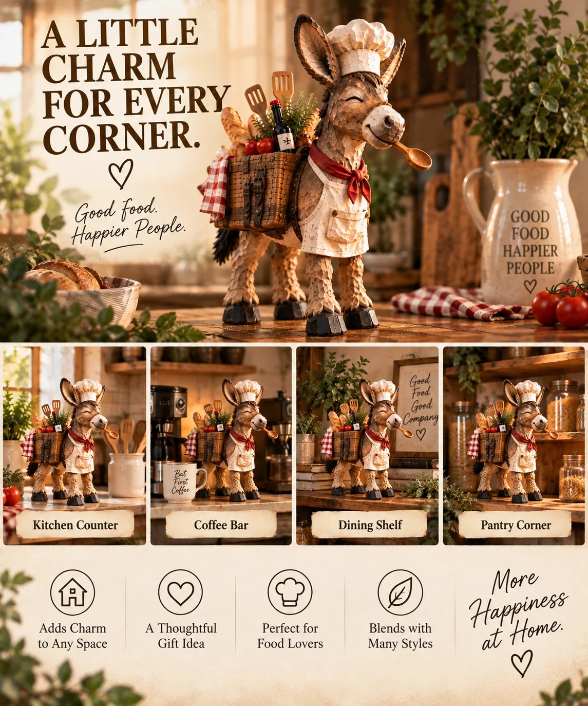 Donkey chef figurine displayed around a warm farmhouse kitchen