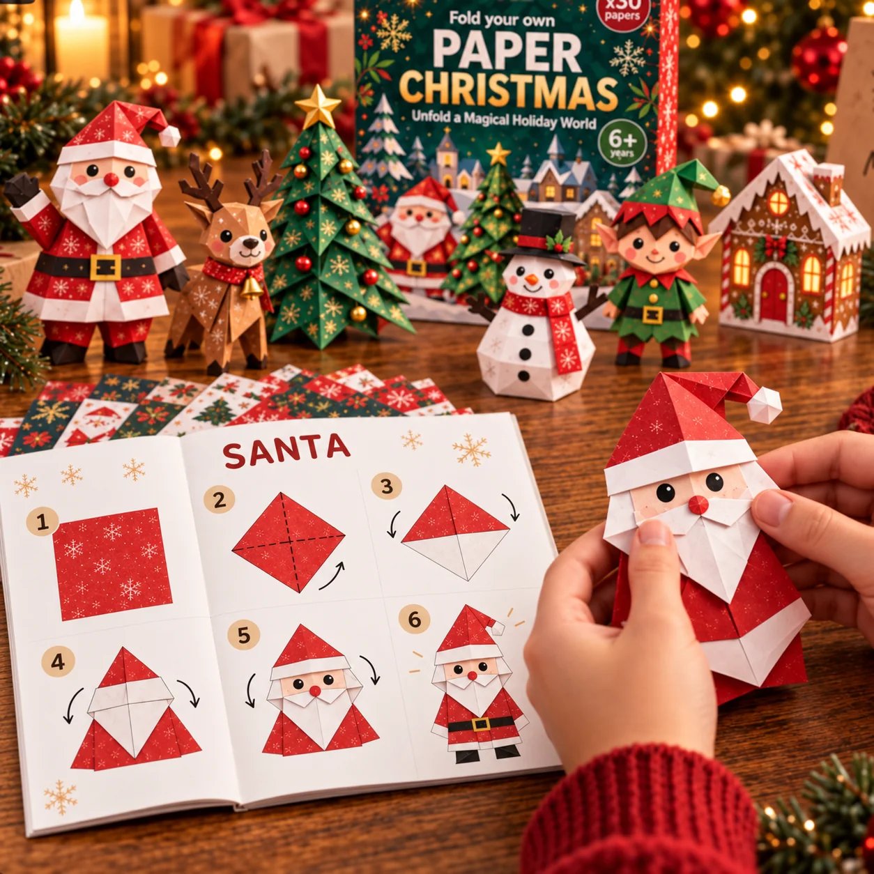Paper Christmas craft kit with illustrated folding instructions and Santa craft