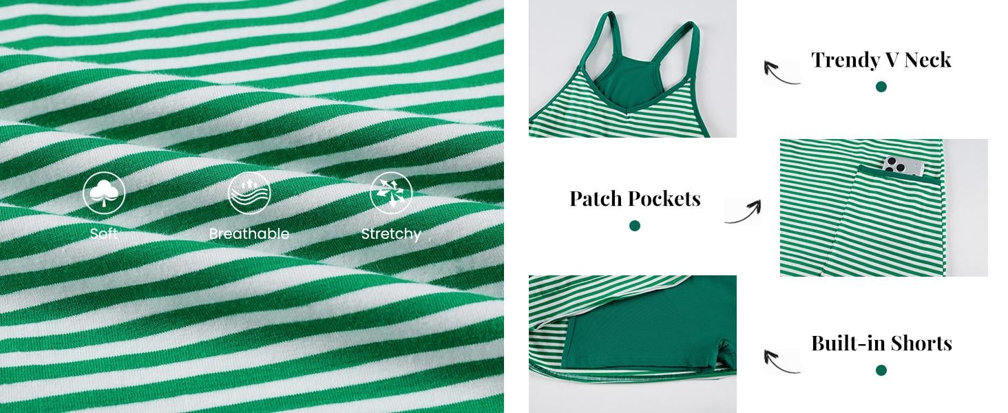 Tanming Women's Summer Athletic Mini Dress Sleeveless V Neck Built-in Shorts Striped Tennis Workout Vacation